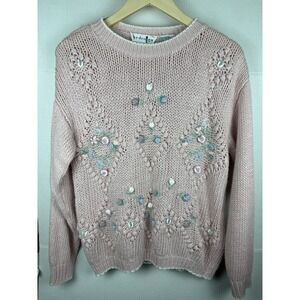 Vtg 80s By Design Women's Med Blush Pink Cable Knit Floral Cottage Chunky